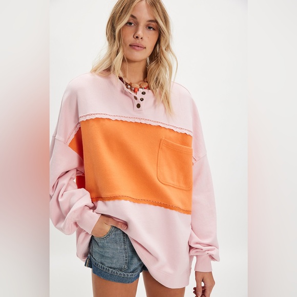 Free People Tops - Free People Oversized Pink and Orange Colorblock Pullover